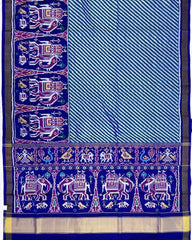 Blue & Turquoise Lining in White with Elephant Scut Border Patola Saree - SindhoiPatolaArt