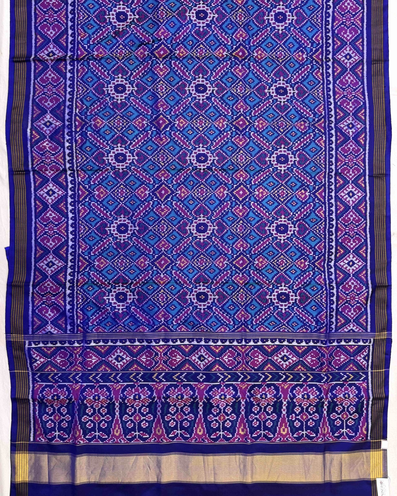 Blue & Turquoise Manekchowk Semi Double Ikat Patola Saree - SindhoiPatolaArt