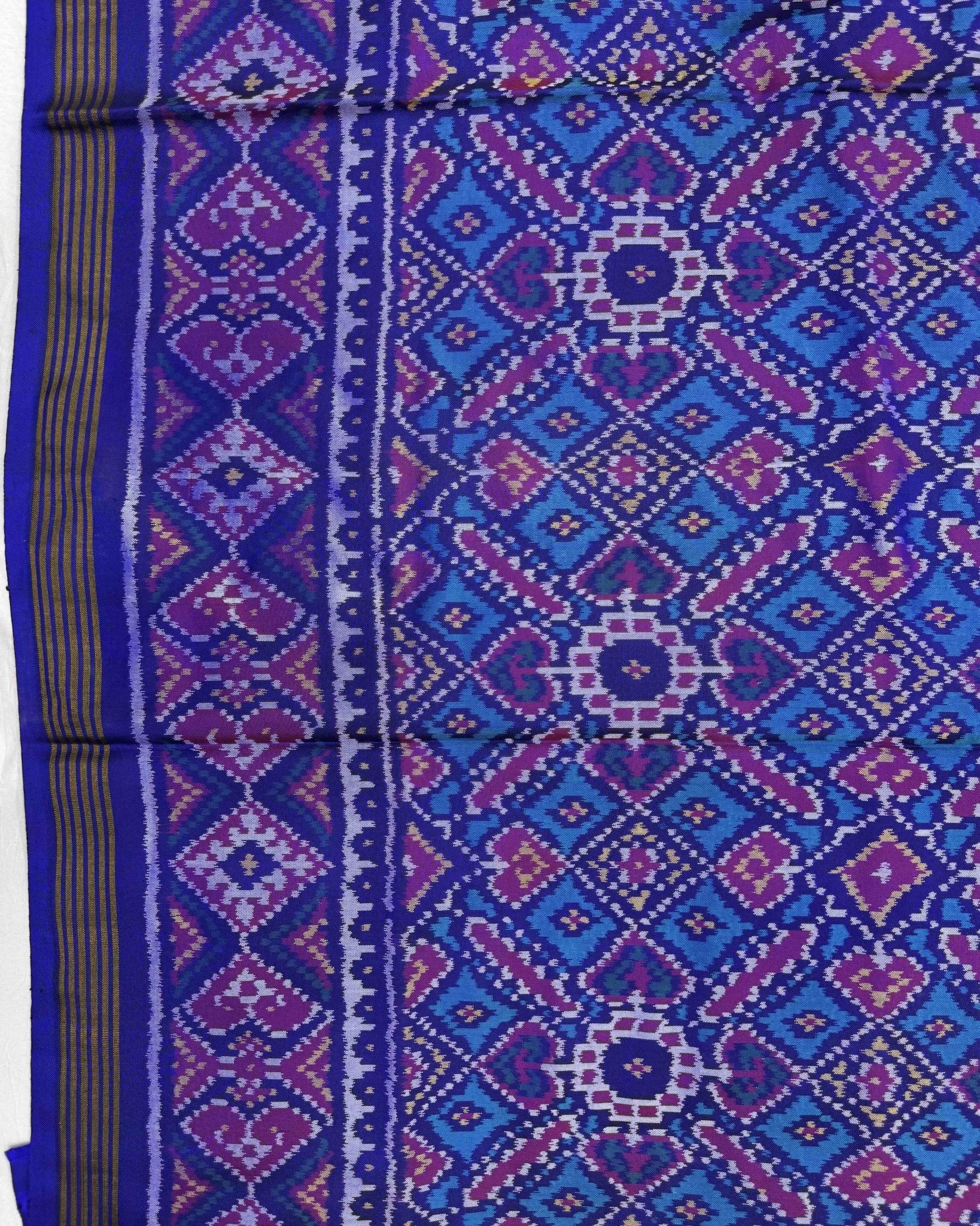 Blue & Turquoise Manekchowk Semi Double Ikat Patola Saree - SindhoiPatolaArt