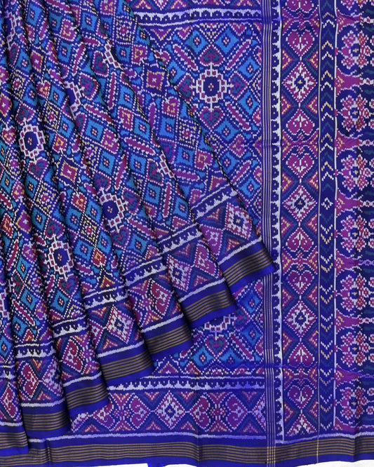 Blue & Turquoise Manekchowk Semi Double Ikat Patola Saree - SindhoiPatolaArt