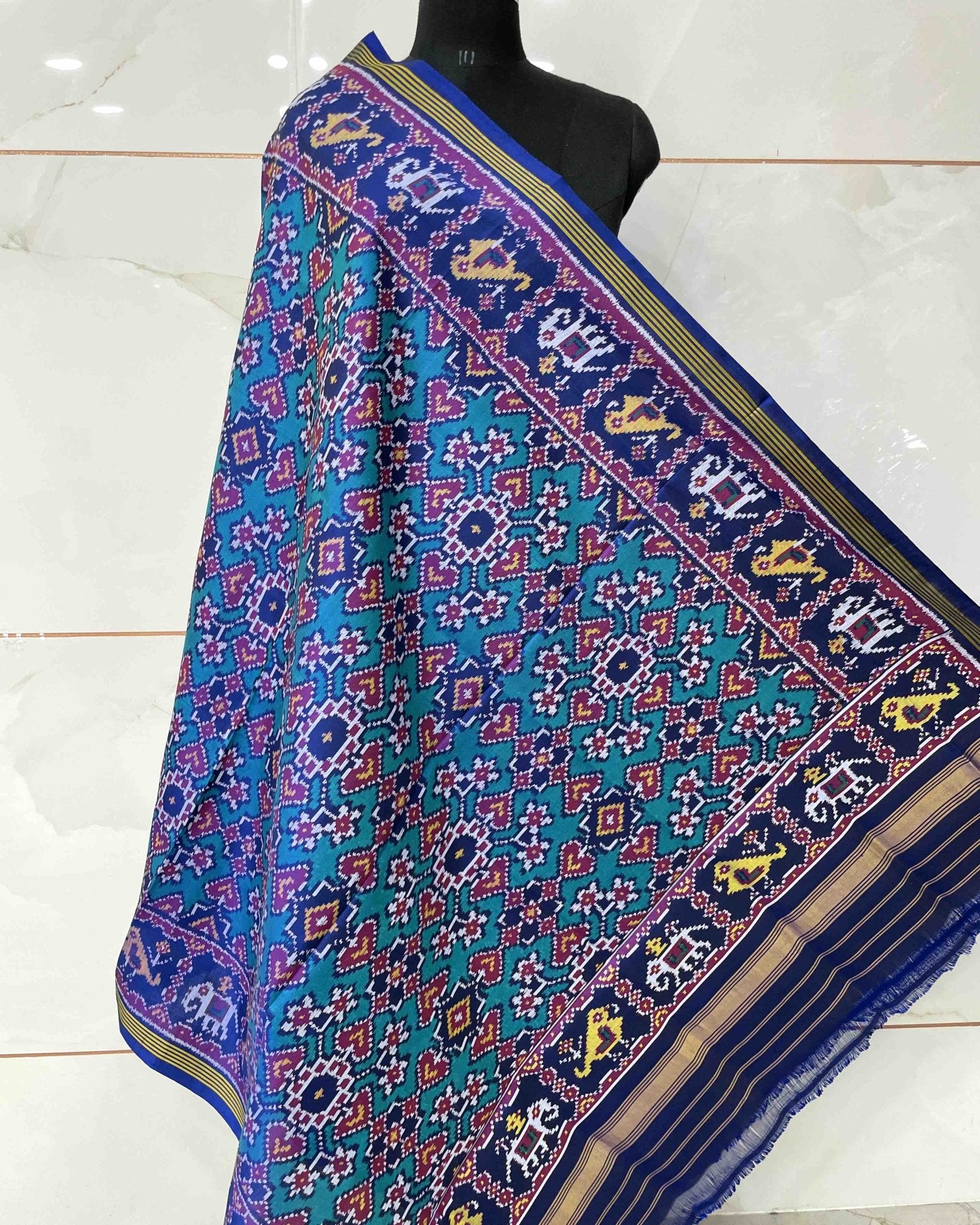 Blue & Turquoise Navratan Designer Patola Dupatta - SindhoiPatolaArt