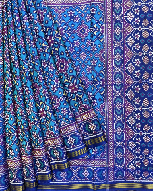 Blue & Turquoise Navratan Patola Saree - SindhoiPatolaArt