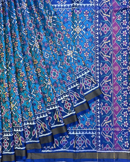 Blue & Turquoise Navratan Patola Saree - SindhoiPatolaArt