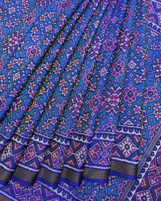 Blue & Turquoise Navratan Semi Double Ikat Patola Saree - SindhoiPatolaArt