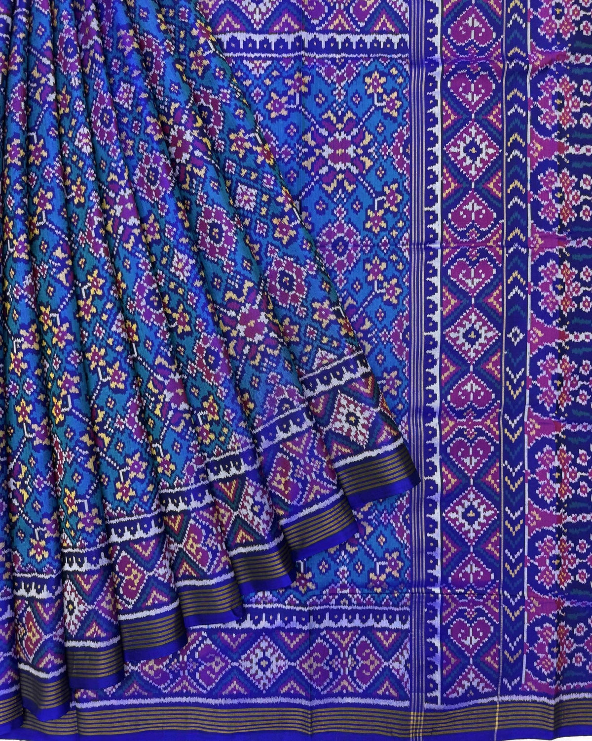 Blue & Turquoise Navratan Semi Double Ikat Patola Saree - SindhoiPatolaArt