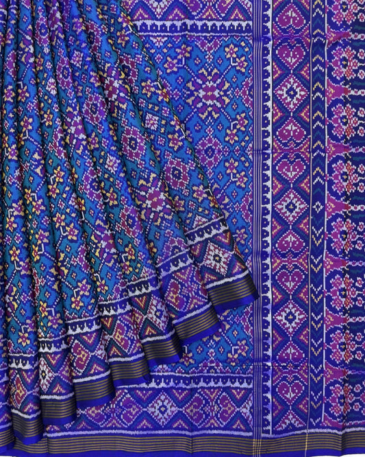 Blue & Turquoise Navratan Semi Double Ikat Patola Saree - SindhoiPatolaArt