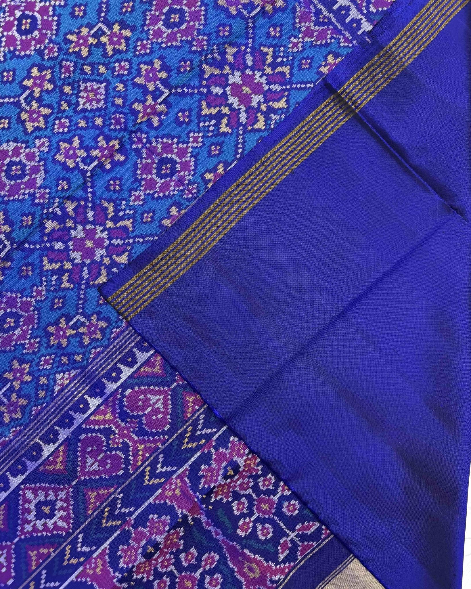 Blue & Turquoise Navratan Semi Double Ikat Patola Saree - SindhoiPatolaArt