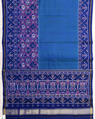 Blue & Turquoise Plain with Narikunj Scut Border Semi Double Ikat Patola Saree - SindhoiPatolaArt