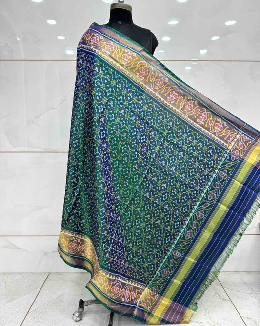 Blue Turquoise Shaded Buttonful Patola Dupatta - SindhoiPatolaArt