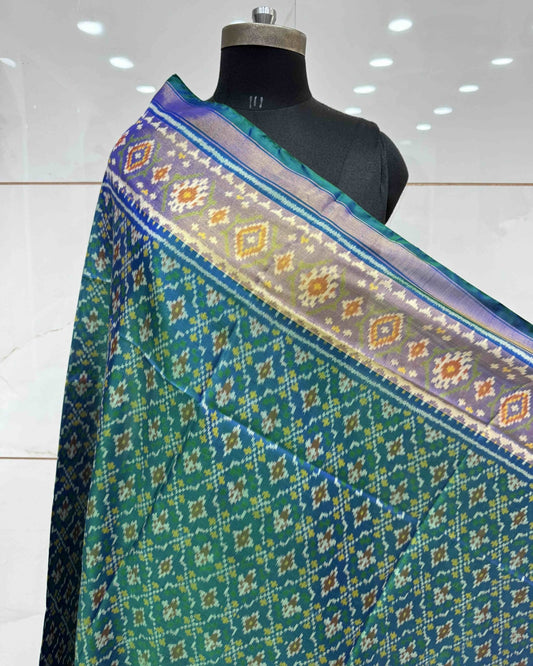 Blue Turquoise Shaded Buttonful Patola Dupatta - SindhoiPatolaArt