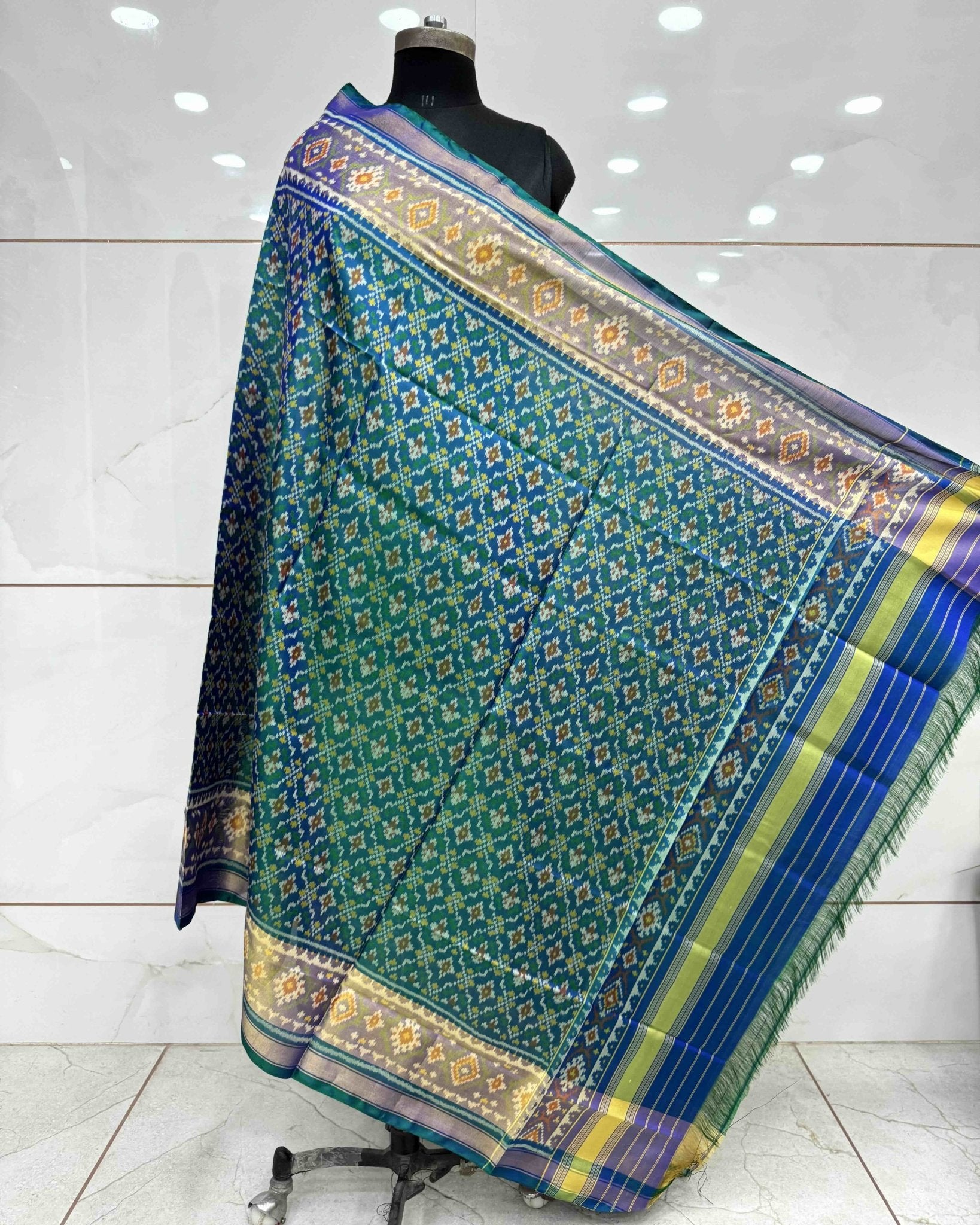 Blue Turquoise Shaded Buttonful Patola Dupatta - SindhoiPatolaArt