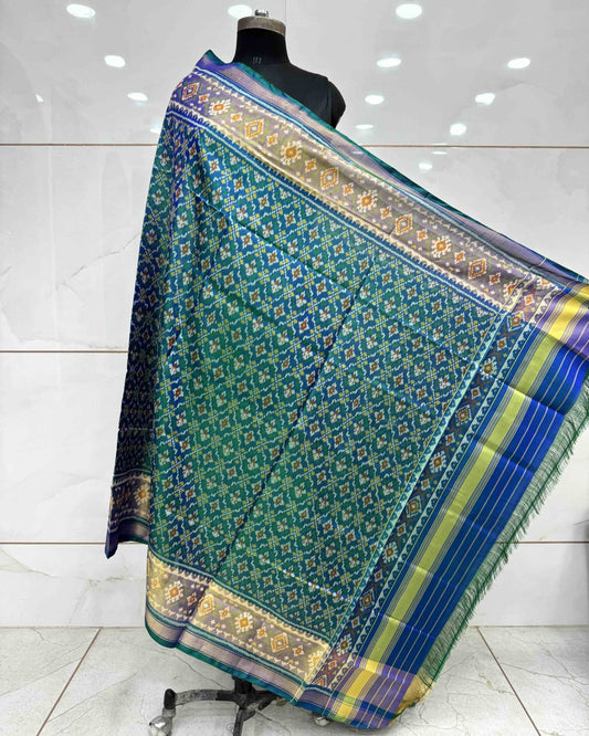 Blue Turquoise Shaded Buttonful Patola Dupatta - SindhoiPatolaArt