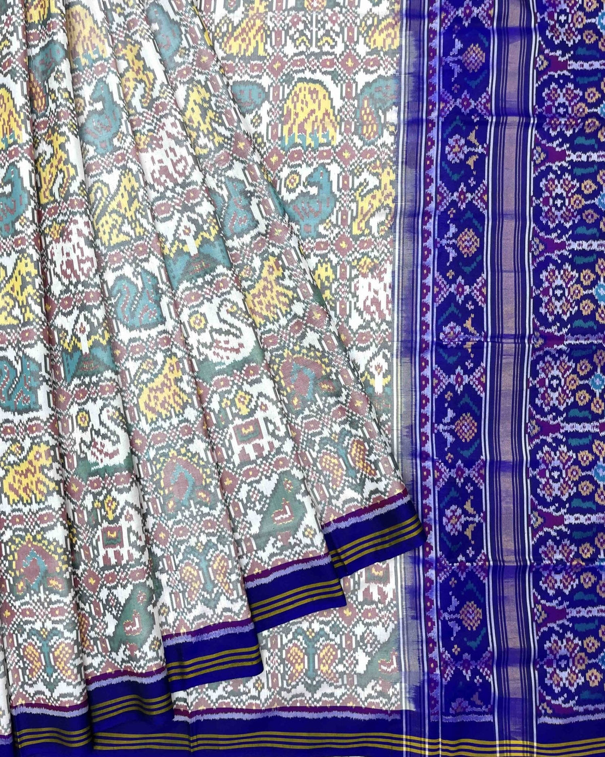 Blue & White Narikunj Patola Saree - SindhoiPatolaArt