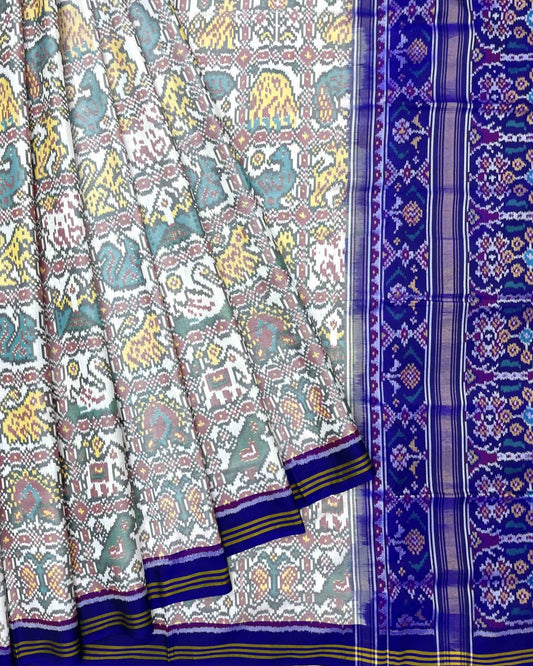 Blue & White Narikunj Patola Saree - SindhoiPatolaArt