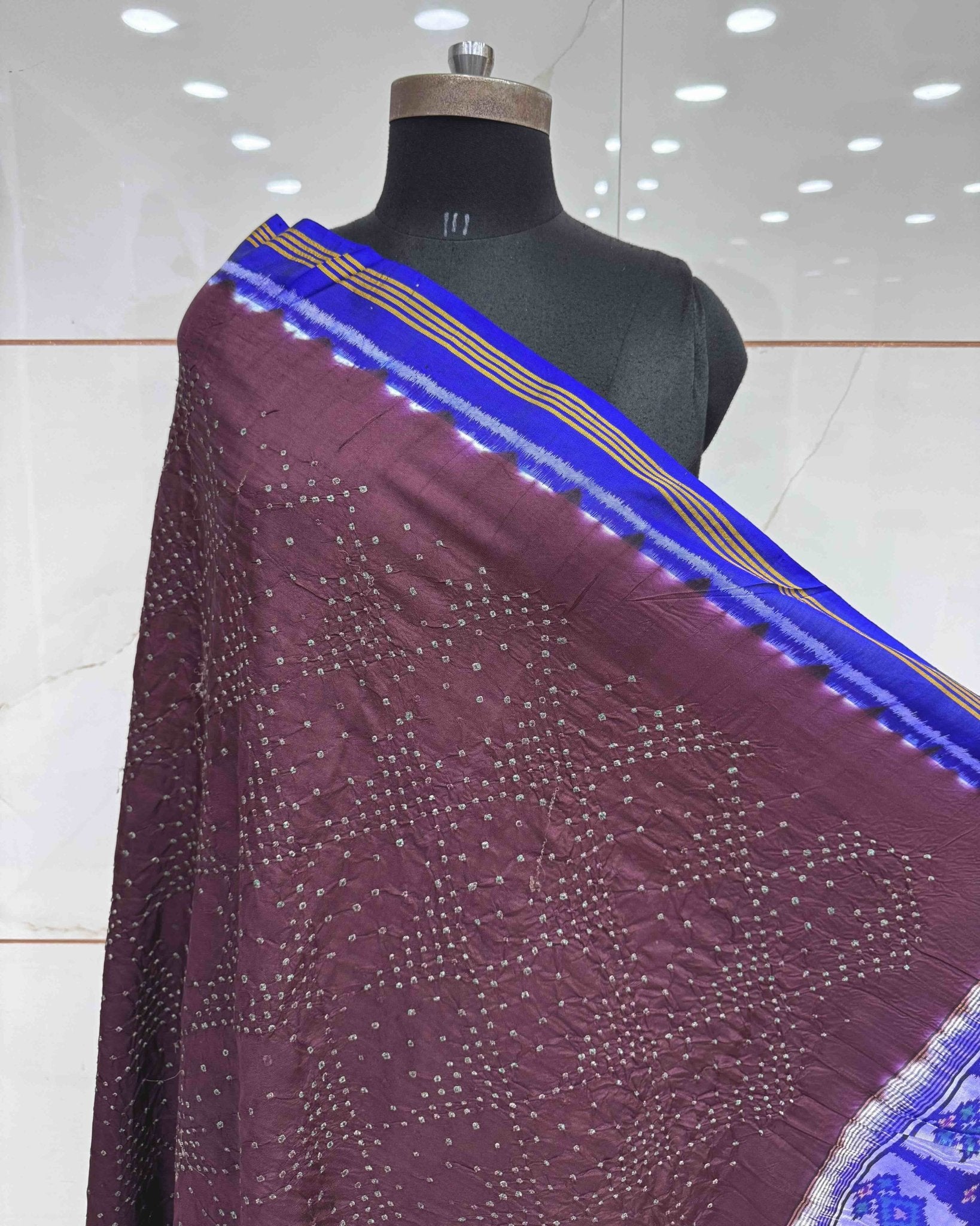 Blue & Wine Bandhani Patola Dupatta - SindhoiPatolaArt