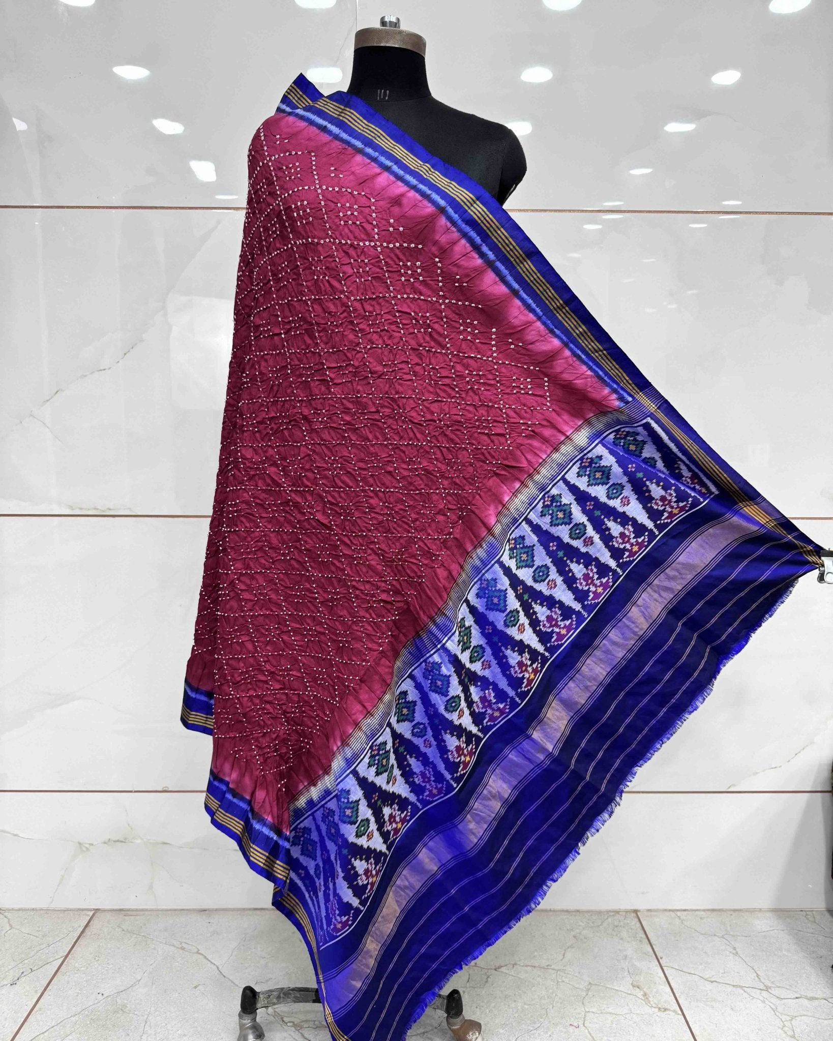 Blue & Wine Bandhani Patola Dupatta - SindhoiPatolaArt
