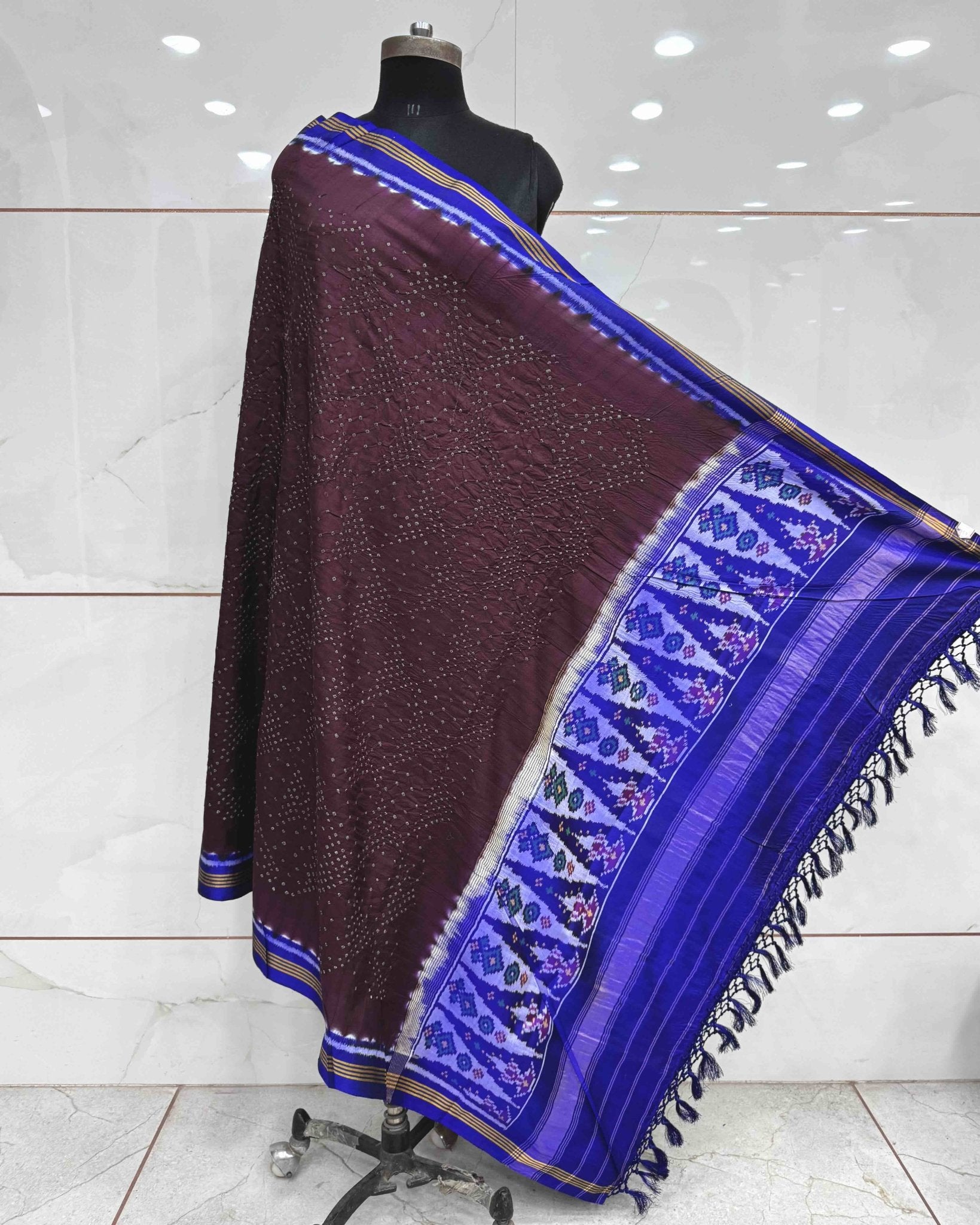 Blue & Wine Bandhani Patola Dupatta - SindhoiPatolaArt