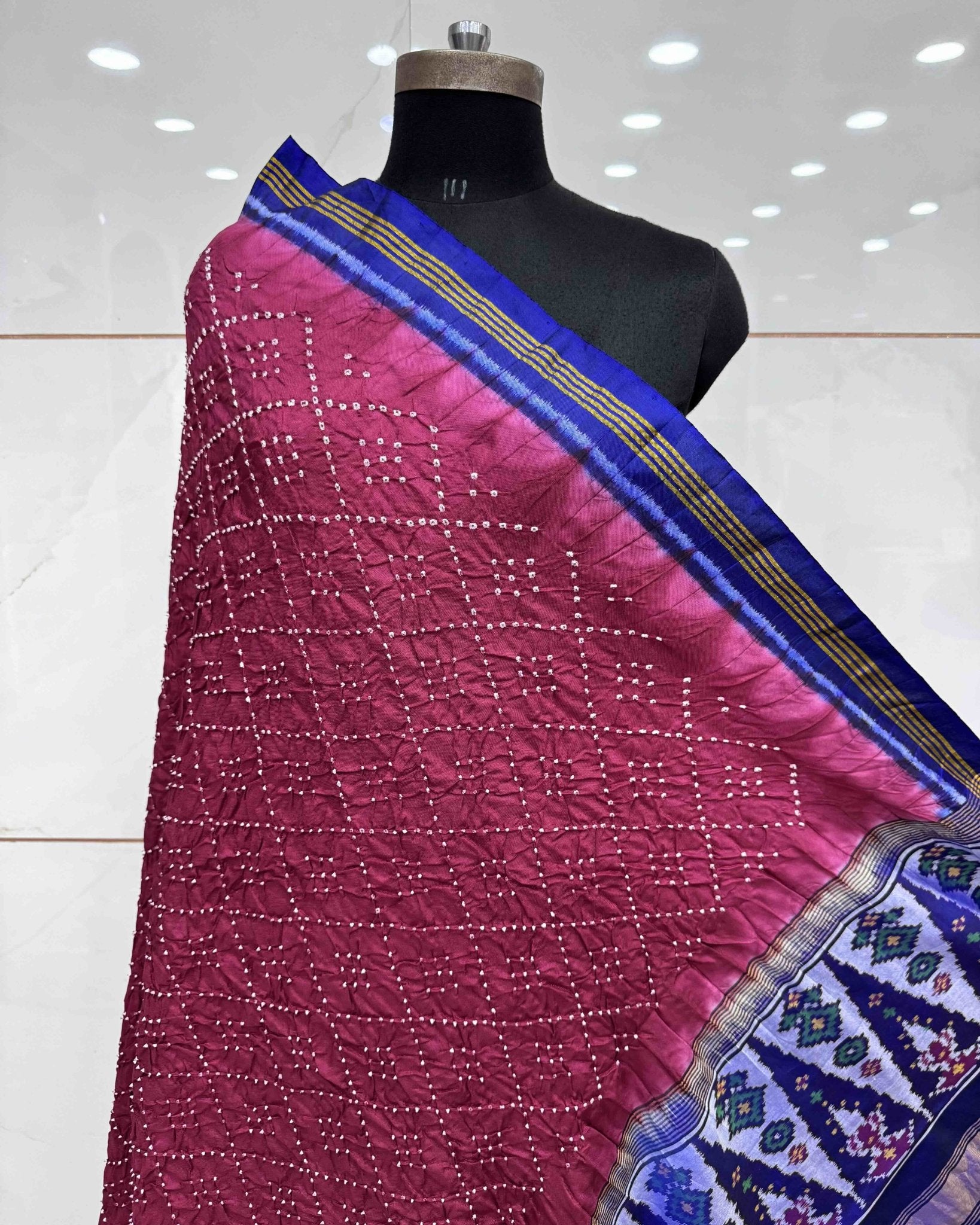 Blue & Wine Bandhani Patola Dupatta - SindhoiPatolaArt
