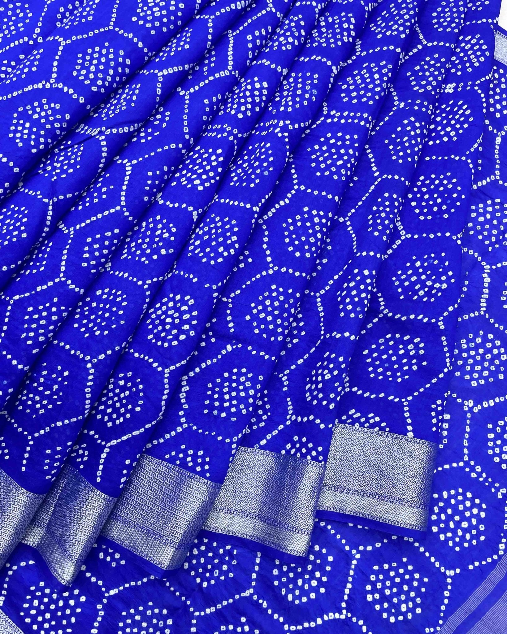 Blue with Silver Border Bandhani Saree - SindhoiPatolaArt