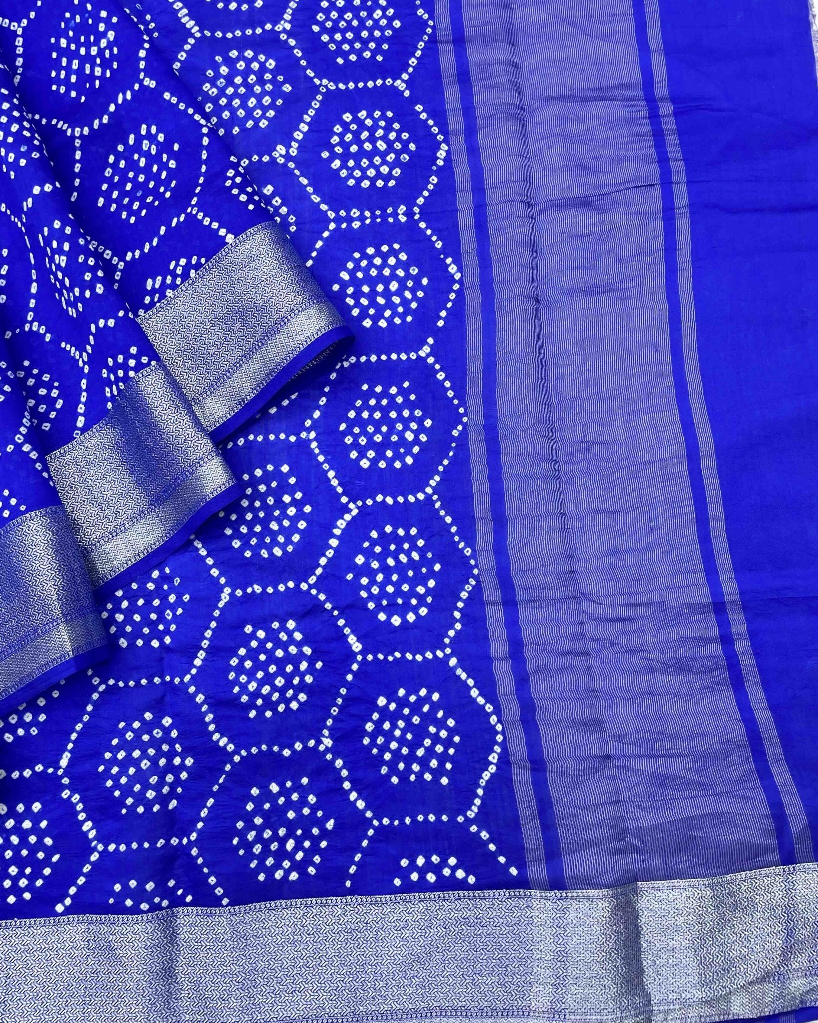 Blue with Silver Border Bandhani Saree - SindhoiPatolaArt