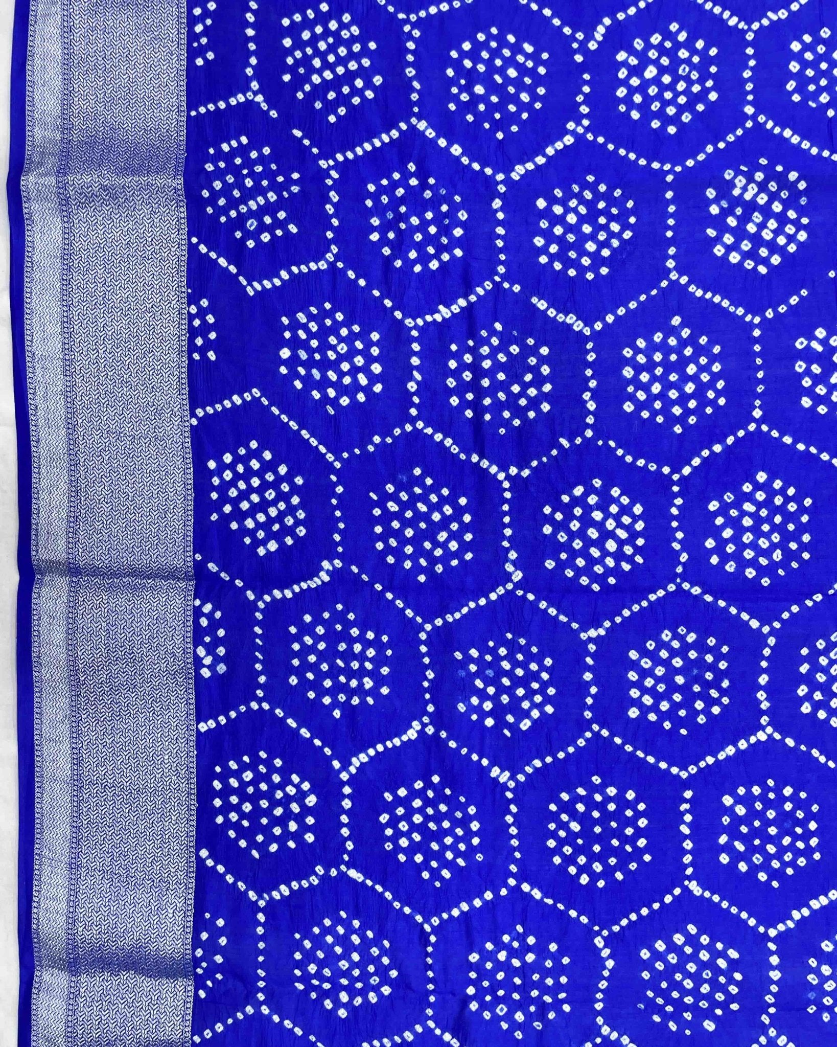 Blue with Silver Border Bandhani Saree - SindhoiPatolaArt