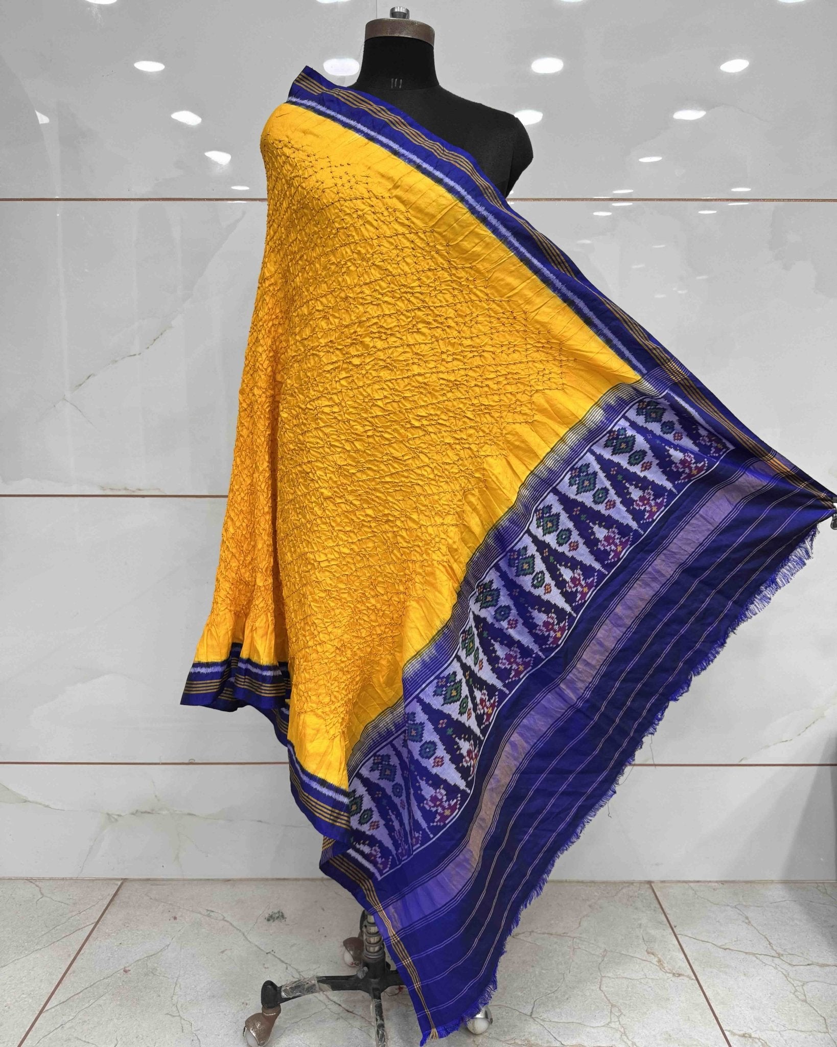 Blue & Yellow Bandhani Patola Dupatta - SindhoiPatolaArt