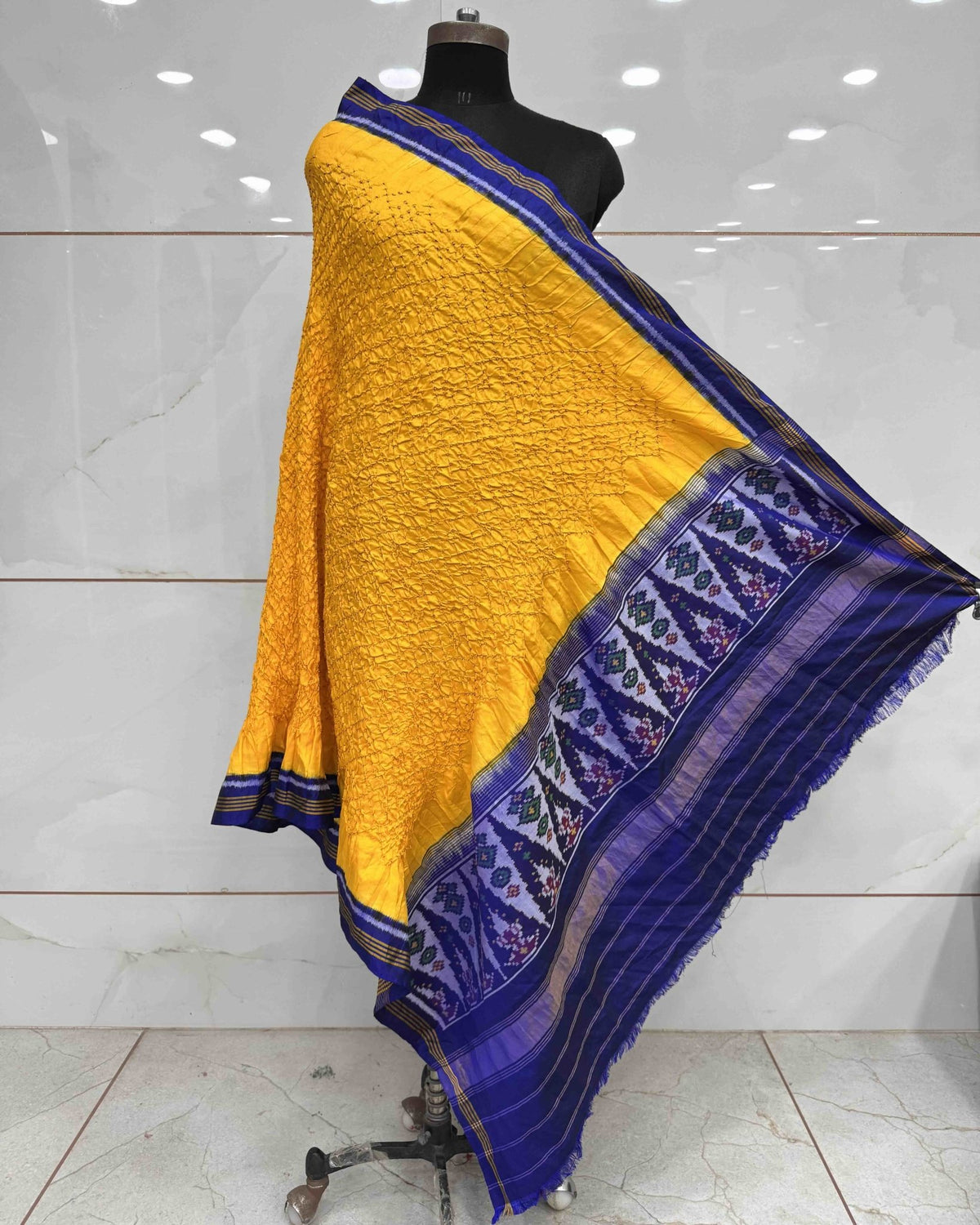 Blue & Yellow Bandhani Patola Dupatta - SindhoiPatolaArt