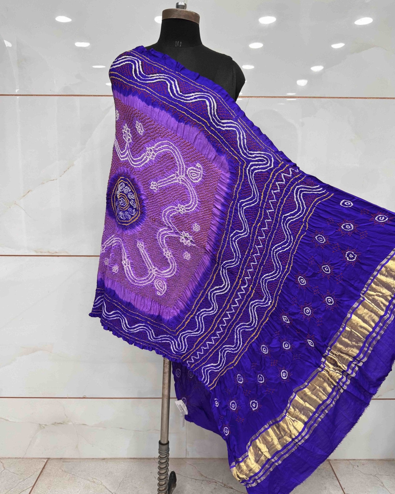 Bluish Purple & Light Purple Gajji Silk Bandhani Dupatta - SindhoiPatolaArt
