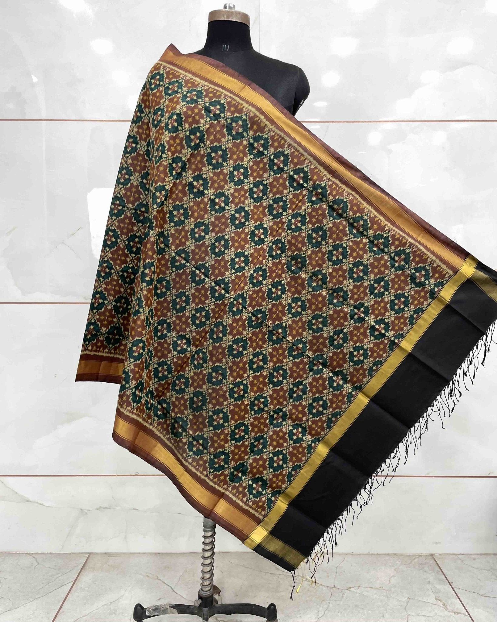 Brown Buttonful Design Patola Dupatta - SindhoiPatolaArt