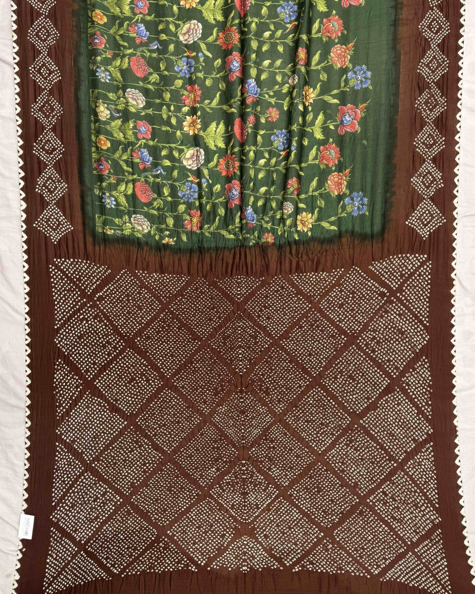 Brown & Green Flower Pichhwai Bandhani Saree - SindhoiPatolaArt