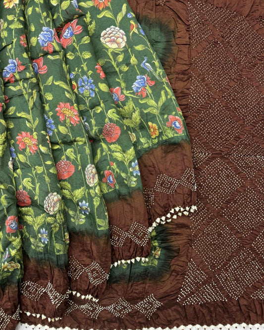 Brown & Green Flower Pichhwai Bandhani Saree - SindhoiPatolaArt