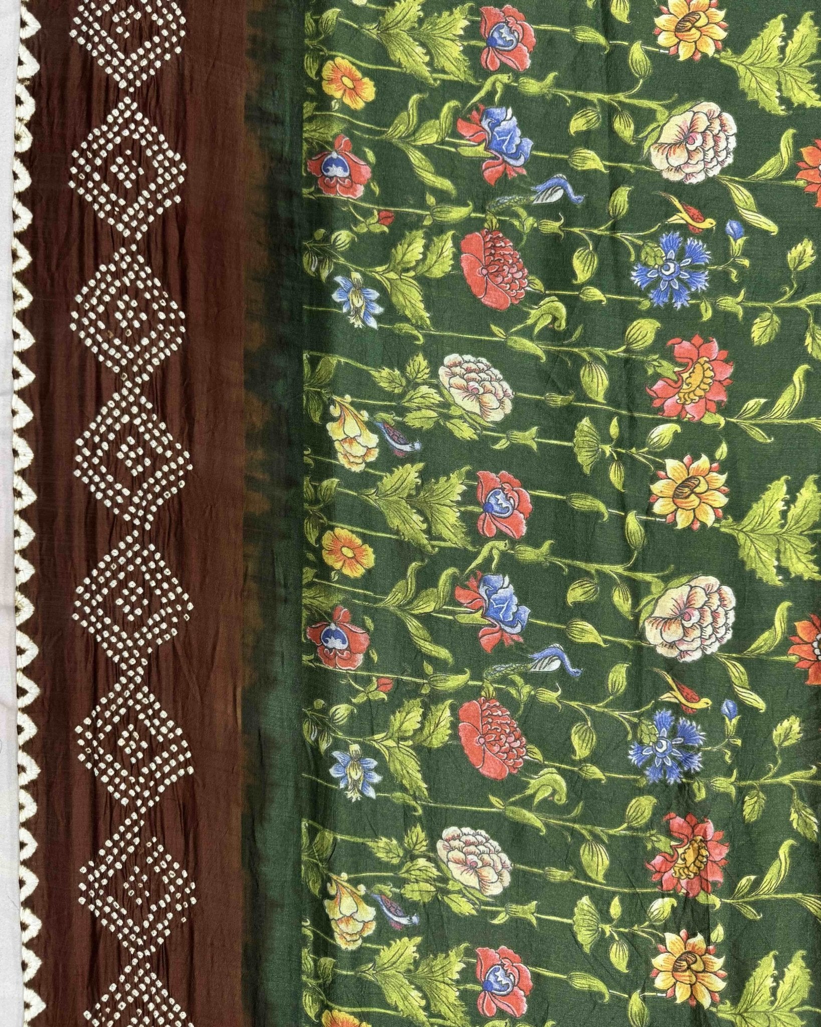 Brown & Green Flower Pichhwai Bandhani Saree - SindhoiPatolaArt
