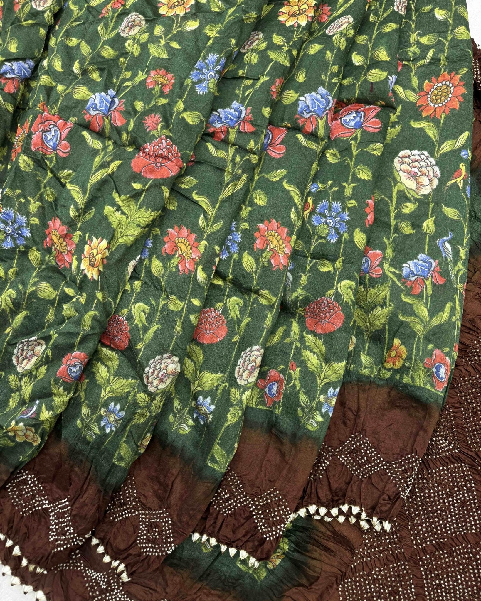 Brown & Green Flower Pichhwai Bandhani Saree - SindhoiPatolaArt