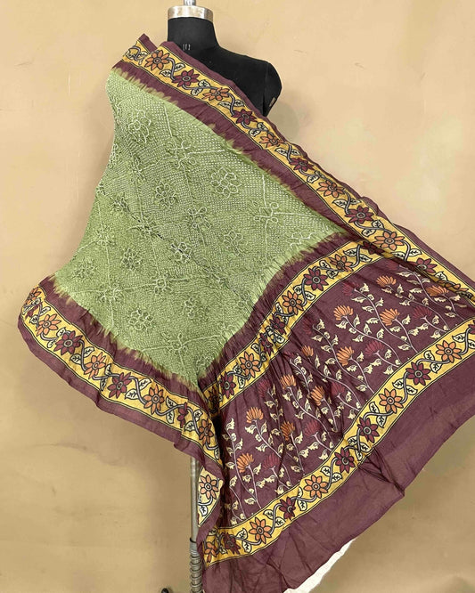Brown & Mehendi Green Kalamkari Bandhani Dupatta - SindhoiPatolaArt