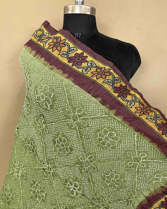 Brown & Mehendi Green Kalamkari Bandhani Dupatta - SindhoiPatolaArt