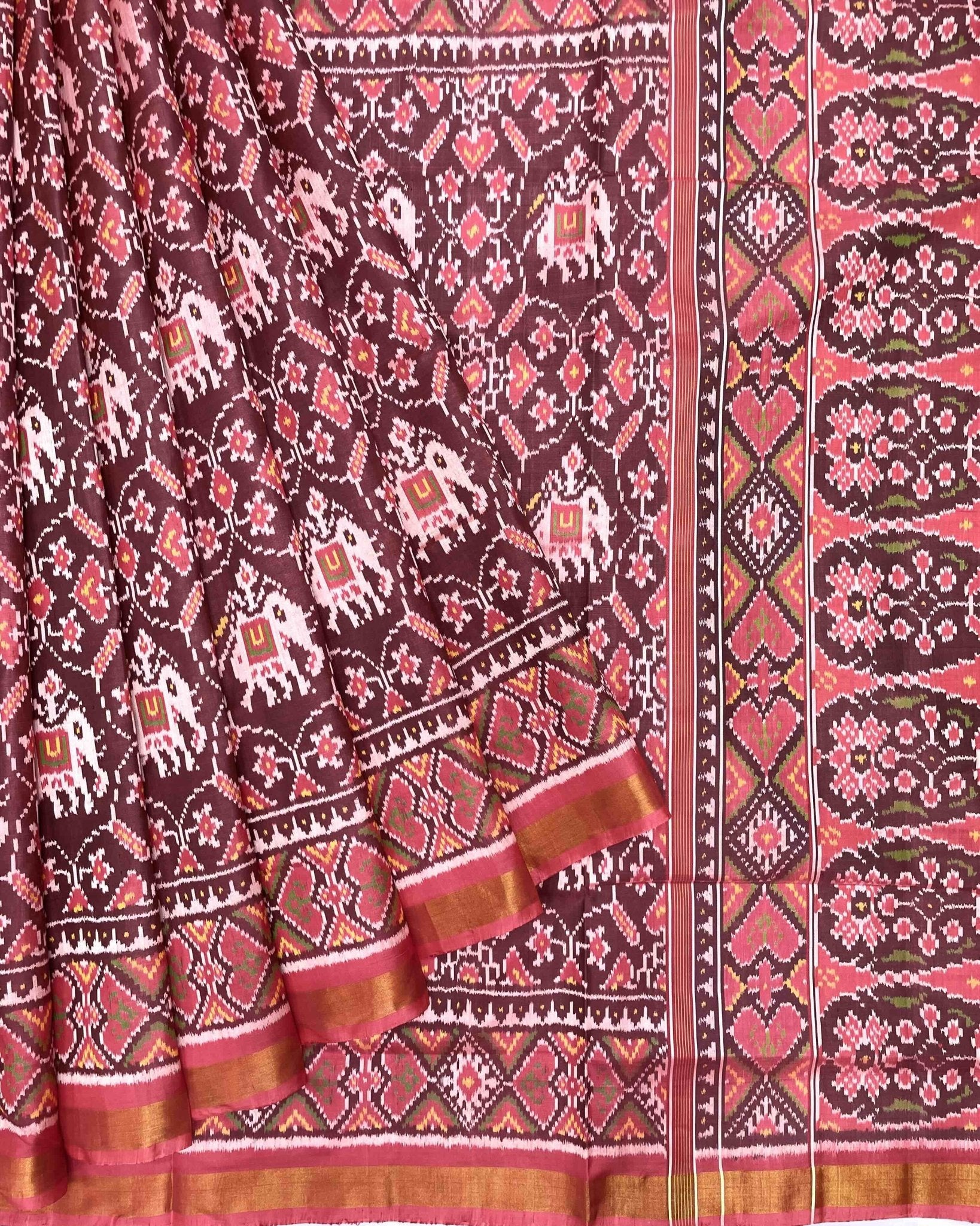 Carrot Pink Elephant Manekchowk Patola Saree - SindhoiPatolaArt