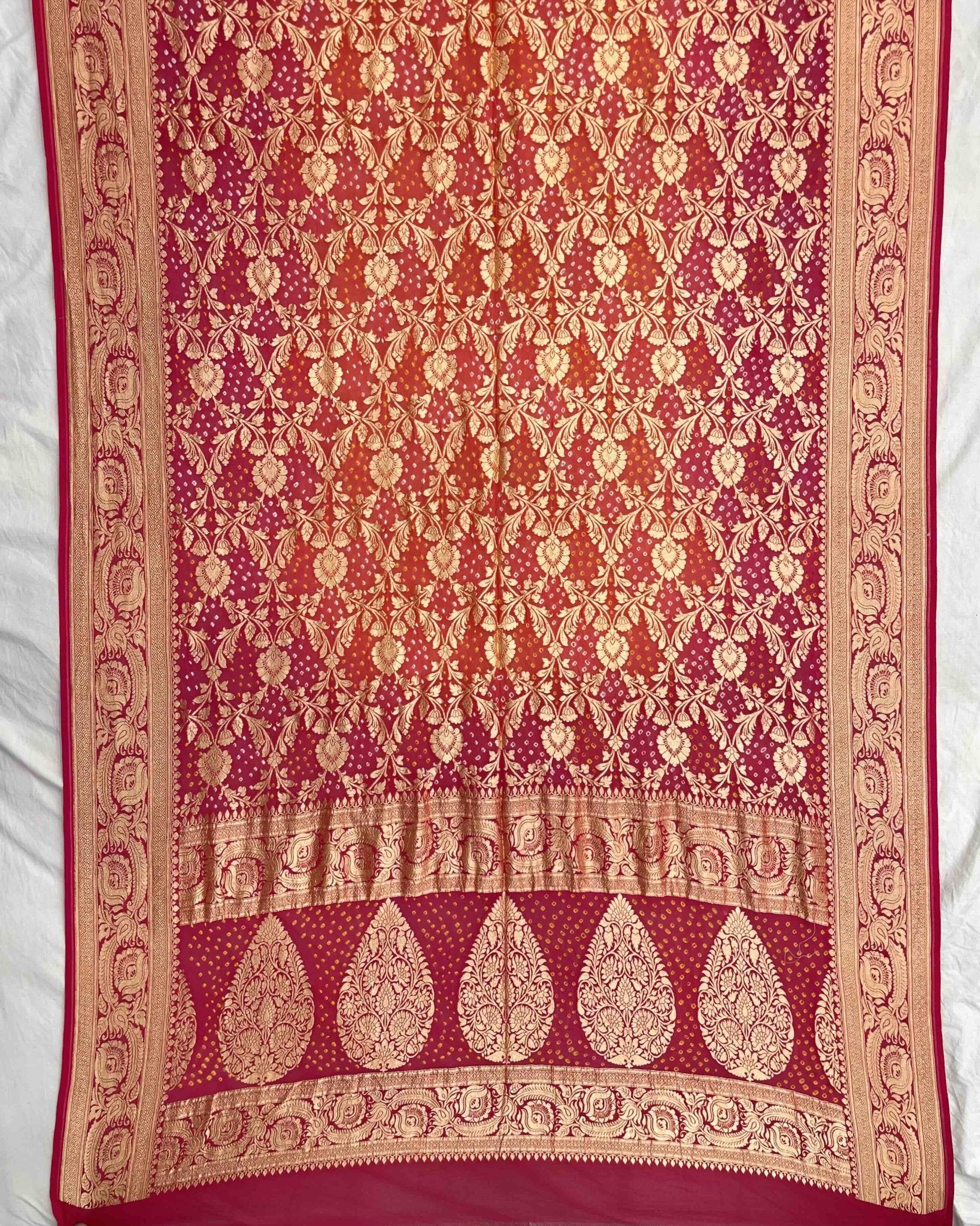 Carrot Pink & Peach Shaded Georgette Bandhani Dupatta - SindhoiPatolaArt