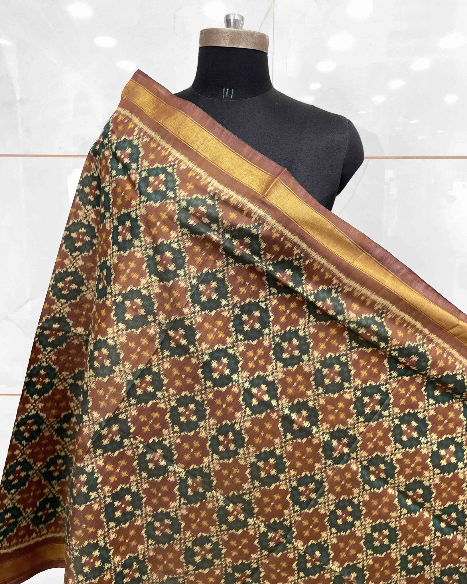 Coffee Brown Buttonful Design Patola Dupatta - SindhoiPatolaArt
