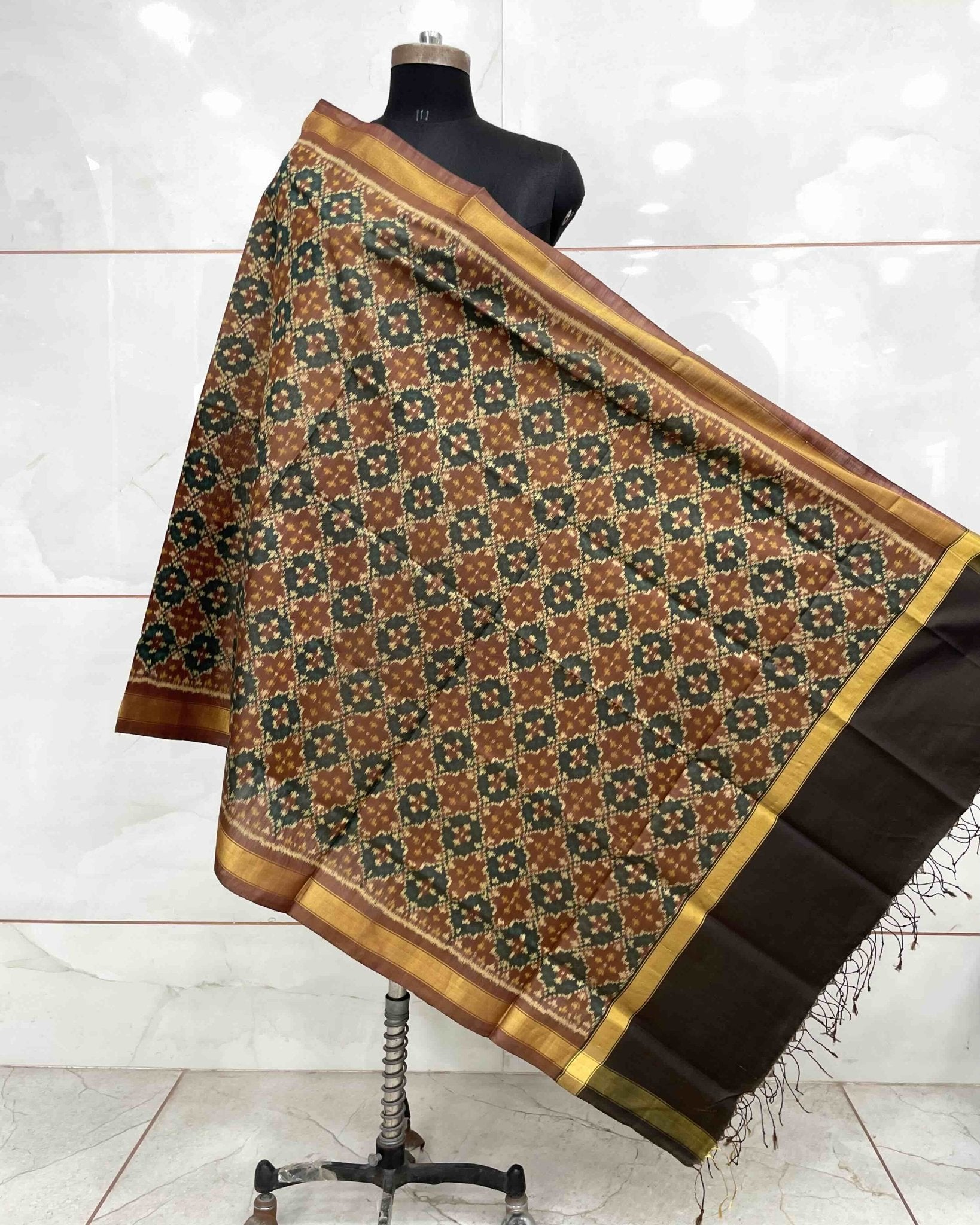 Coffee Brown Buttonful Design Patola Dupatta - SindhoiPatolaArt