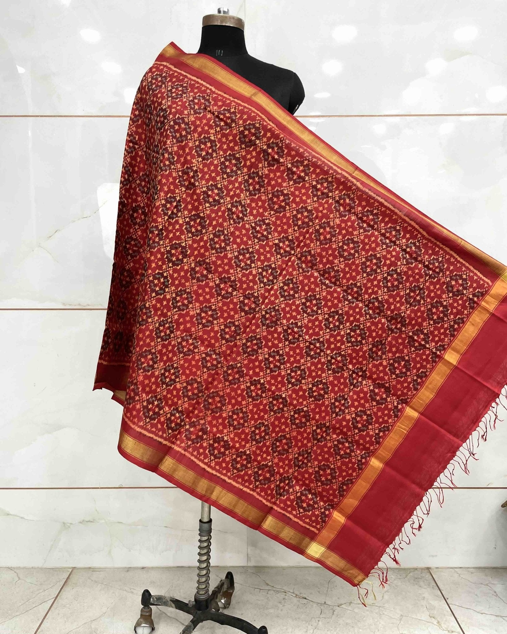 Crimson Red Buttonful Design Patola Dupatta - SindhoiPatolaArt