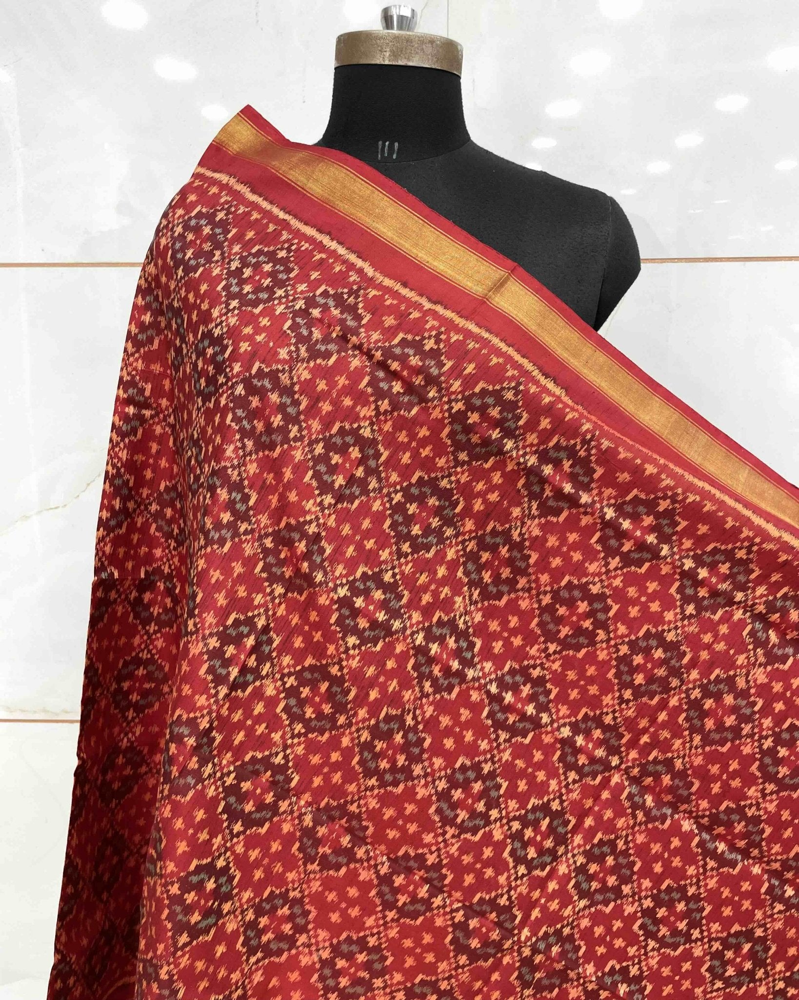 Crimson Red Buttonful Design Patola Dupatta - SindhoiPatolaArt