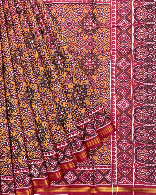 Crimson Red & Orange Navratan Patola Saree - SindhoiPatolaArt