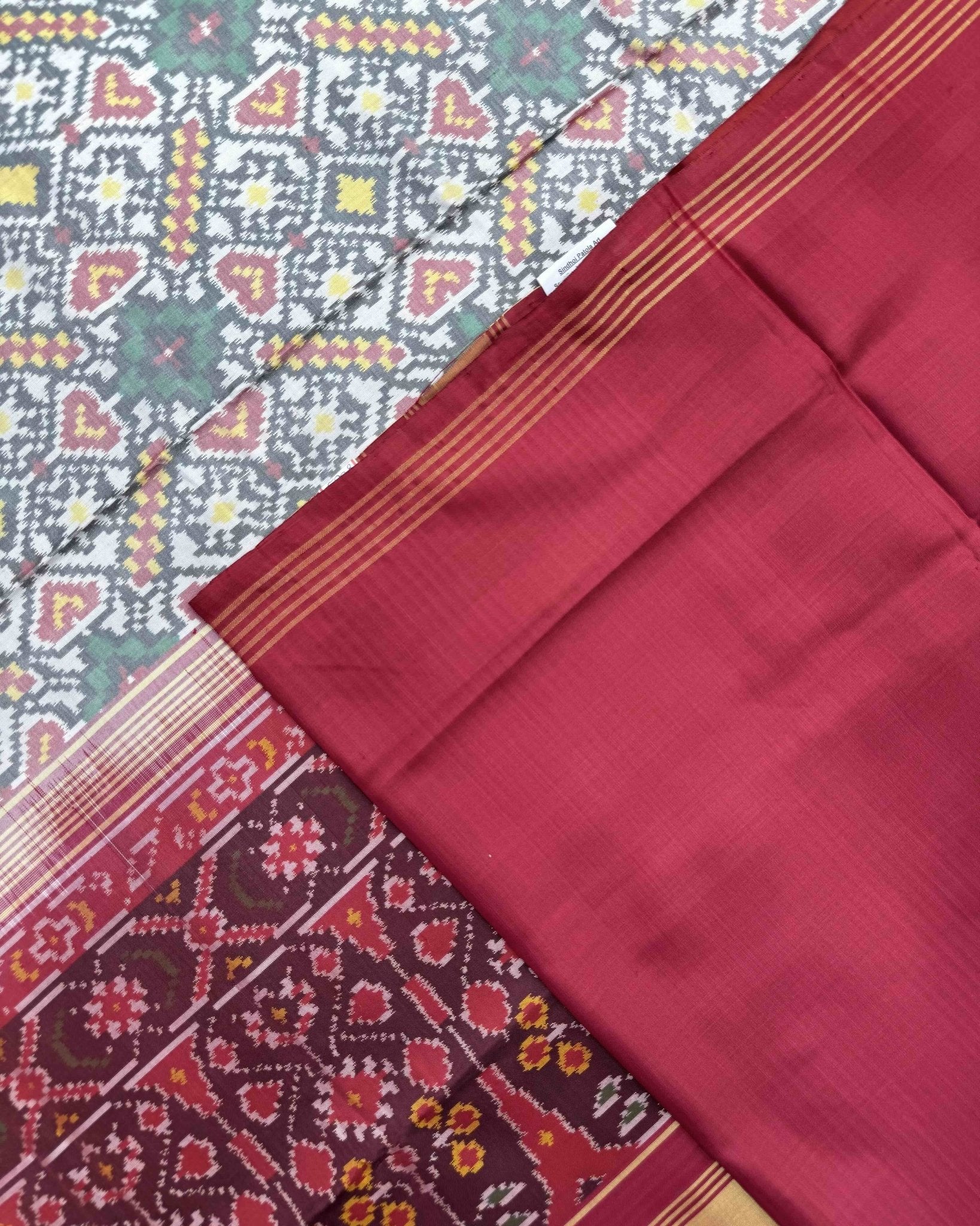Crimson Red & White Manekchowk Semi Double Ikat Patola Saree - SindhoiPatolaArt