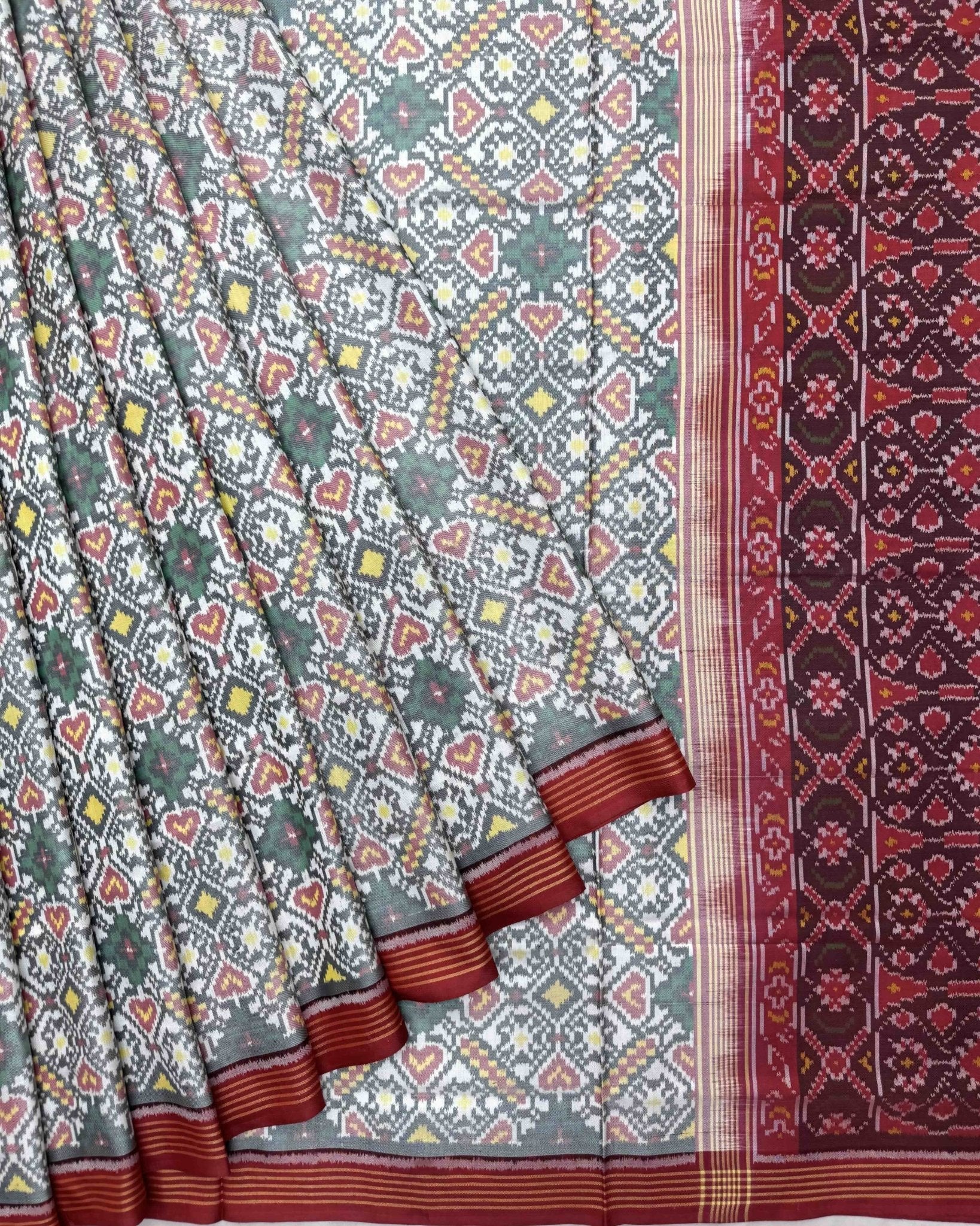 Crimson Red & White Manekchowk Semi Double Ikat Patola Saree - SindhoiPatolaArt