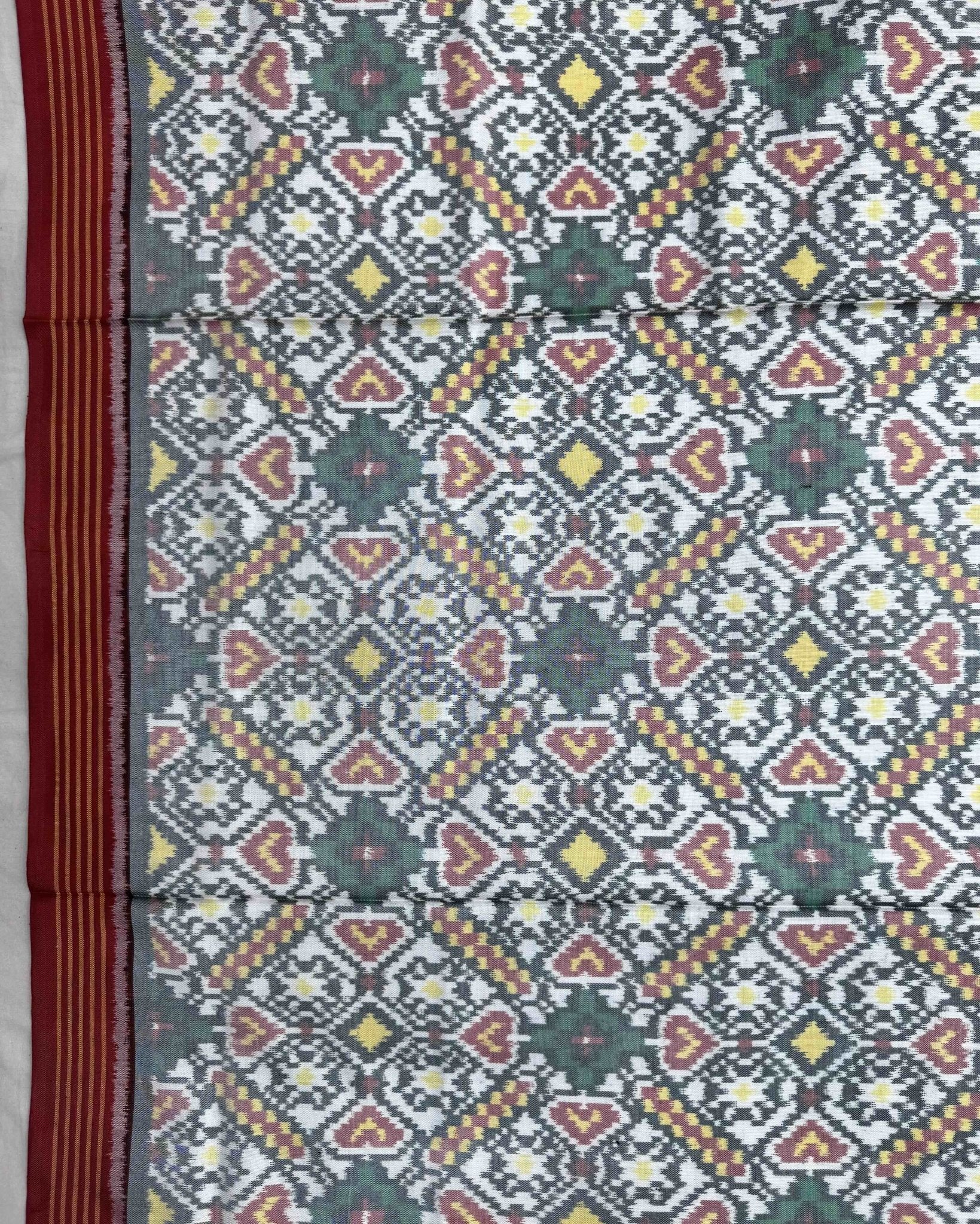 Crimson Red & White Manekchowk Semi Double Ikat Patola Saree - SindhoiPatolaArt