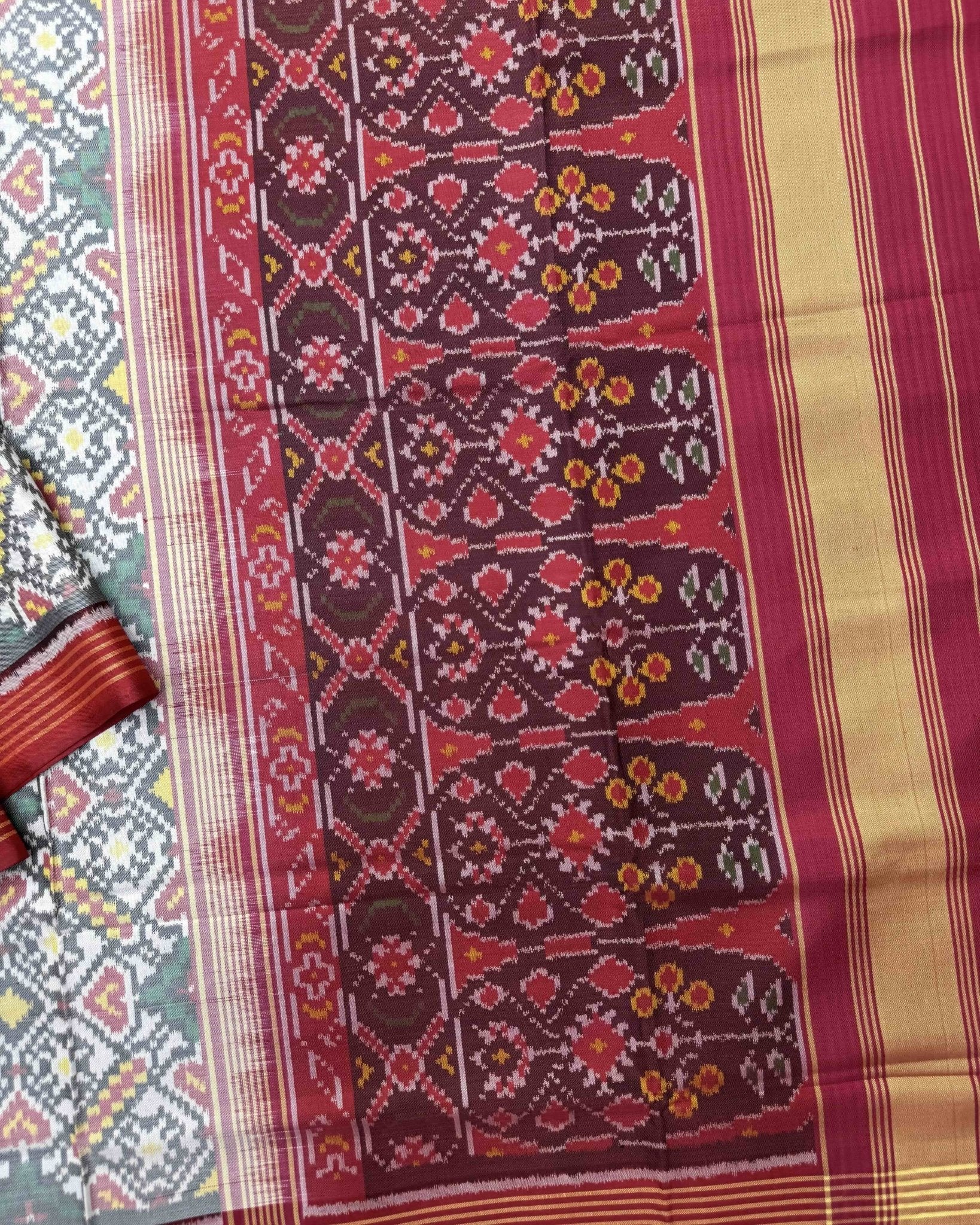 Crimson Red & White Manekchowk Semi Double Ikat Patola Saree - SindhoiPatolaArt