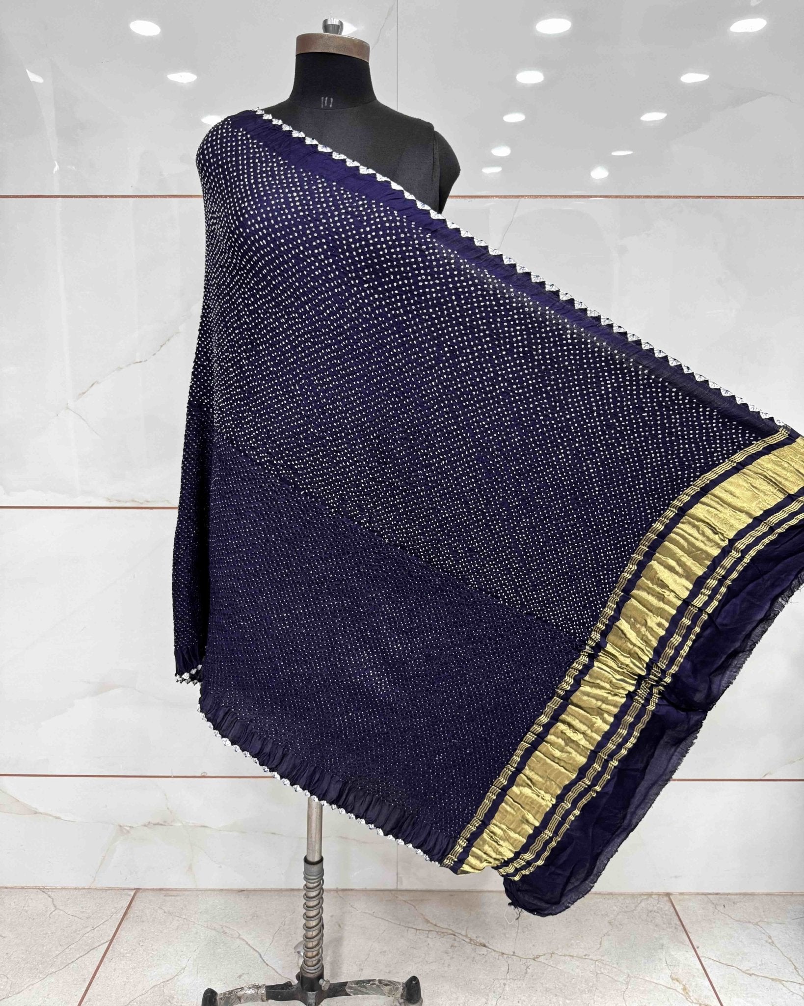 Dark Blue Gajji Silk Bandhani Dupata - SindhoiPatolaArt