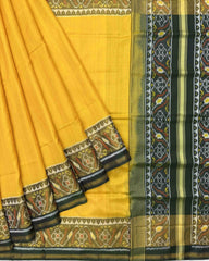 Dark Green & Lemon Yellow Plain Patola Saree - SindhoiPatolaArt