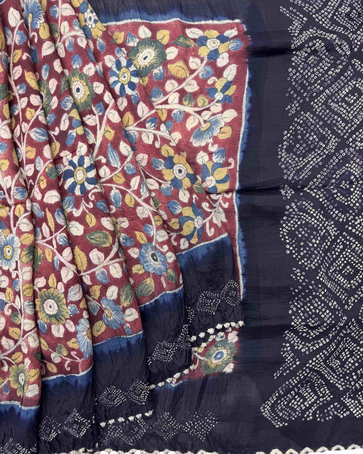 Dark Purple & Maroon Flower Muga Silk Pen Kamalkari Bandhani Saree - SindhoiPatolaArt