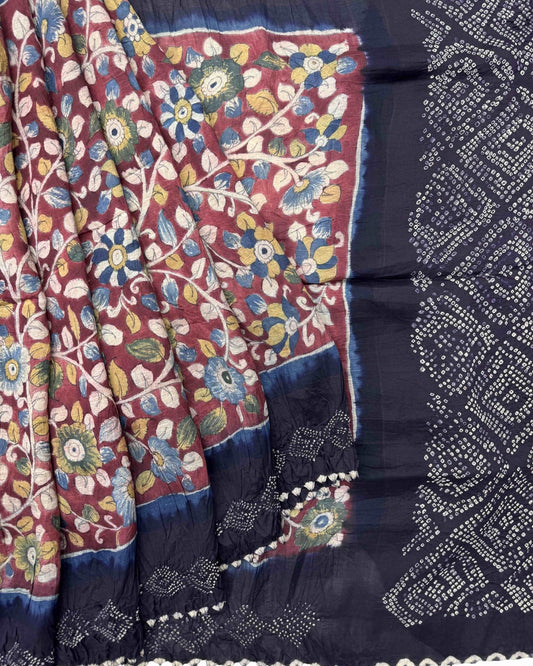 Dark Purple & Maroon Flower Muga Silk Pen Kamalkari Bandhani Saree - SindhoiPatolaArt
